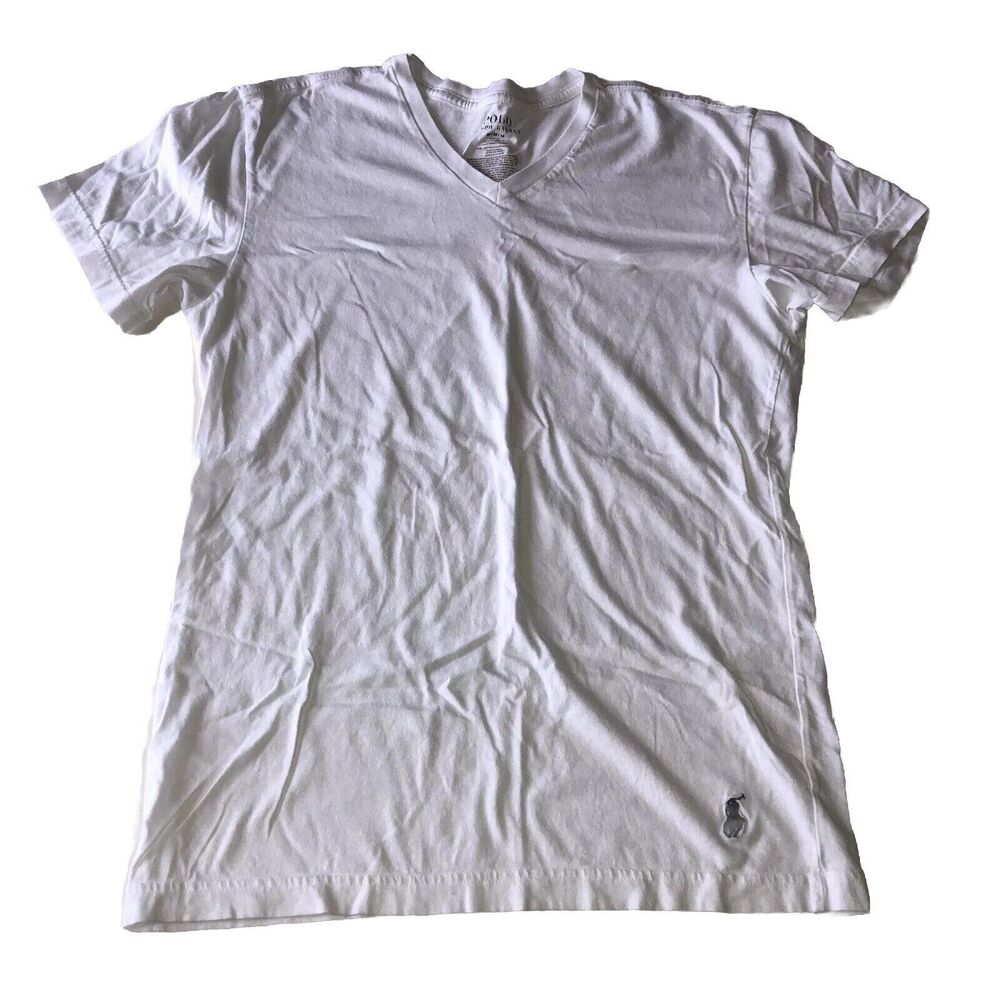 Polo Ralph Lauren White V Neck T Shirt  Slim Fit Blue Pony Size Medium